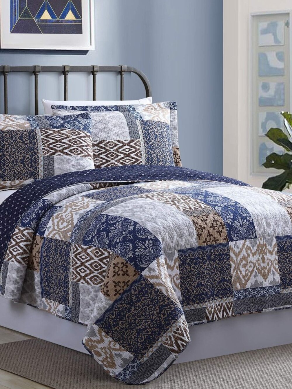 Laura 100% Cotton 2-Piece Printed Reversible Quilted Coverlet Set Navy/Rust